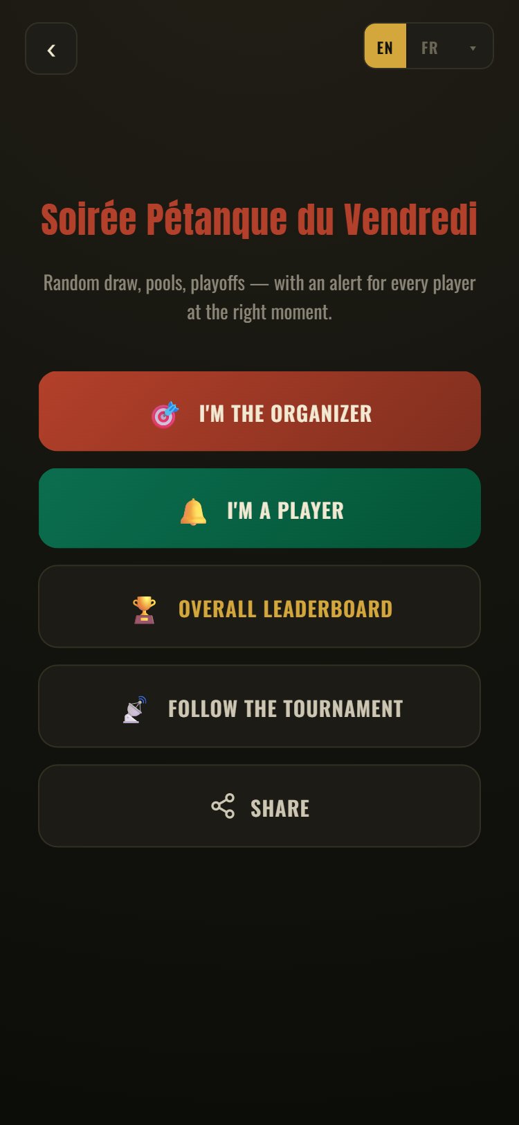 Écran d'accueil de l'appli Leaguer